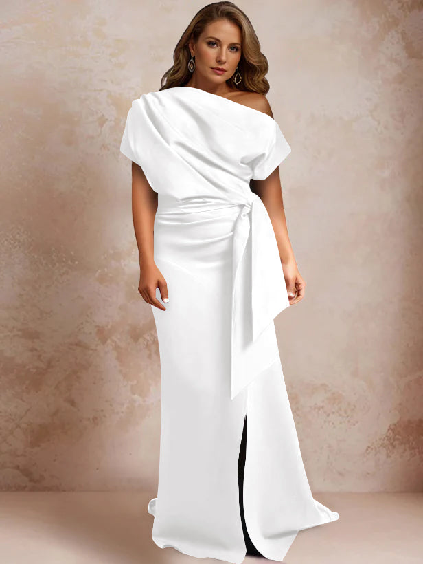 Robe de Mère de la Mariée Grande Taille, Asymétrique, à Une Épaule, Manches Courtes, Longueur Au Sol, avec Volants et Côté Fendu