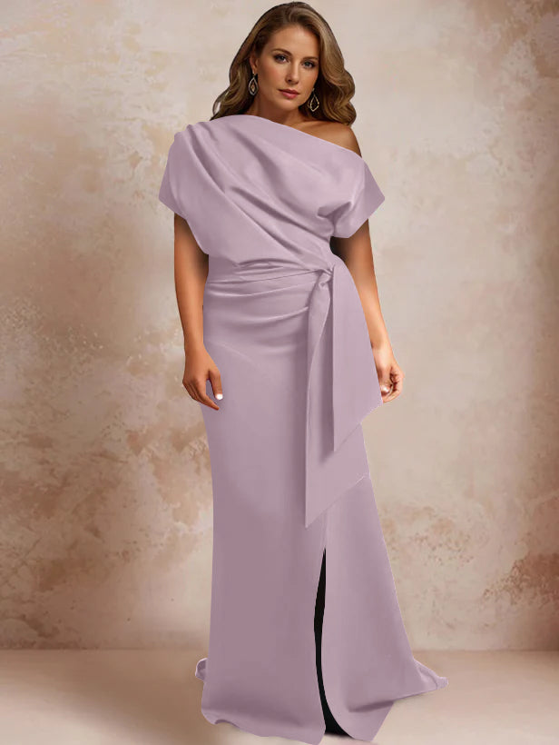 Robe de Mère de la Mariée Grande Taille, Asymétrique, à Une Épaule, Manches Courtes, Longueur Au Sol, avec Volants et Côté Fendu