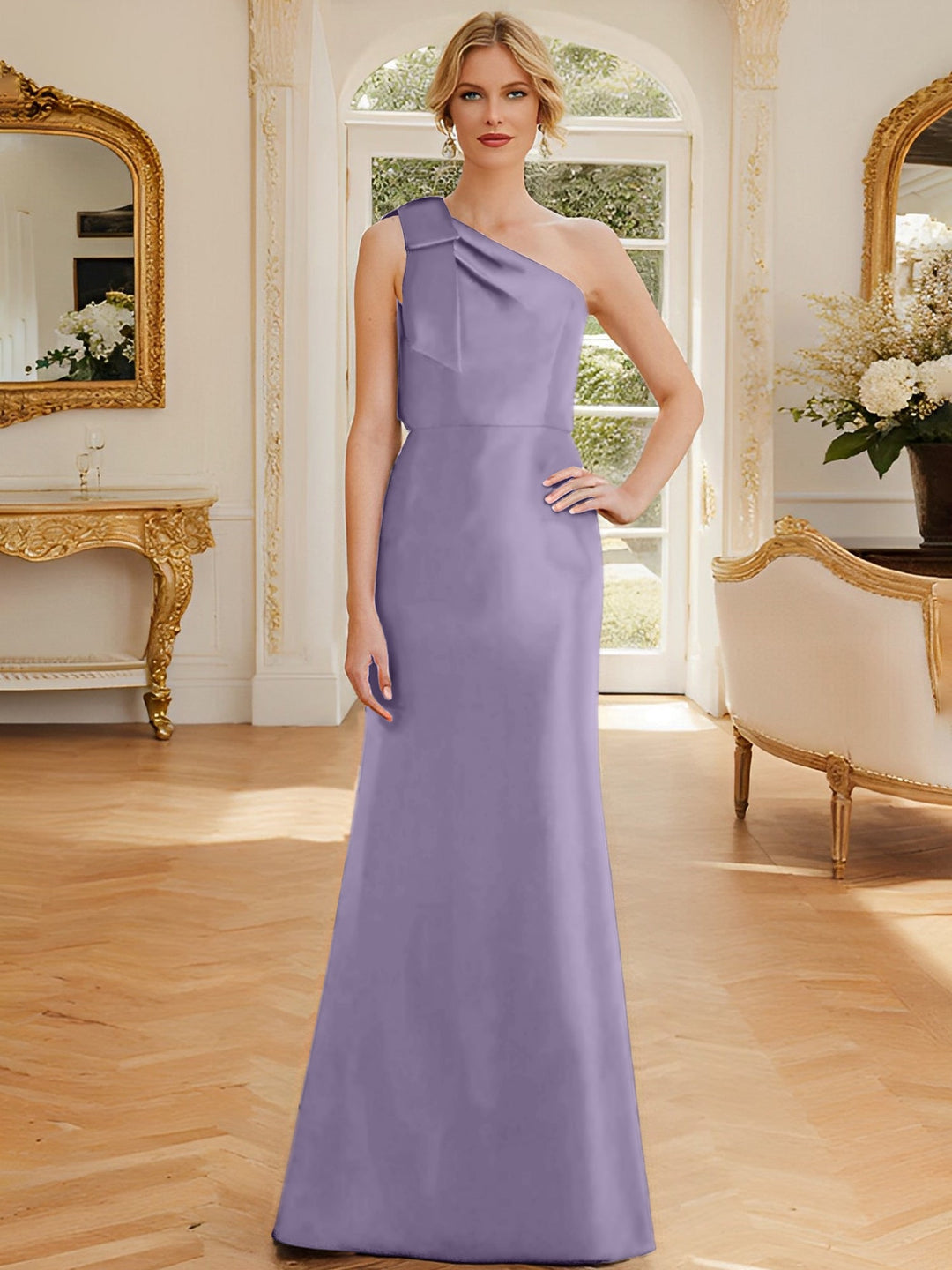 Robe de Mère de la Mariée en Satin Sans Manches à Une Épaule et Fourreau/Colonne avec Nœud
