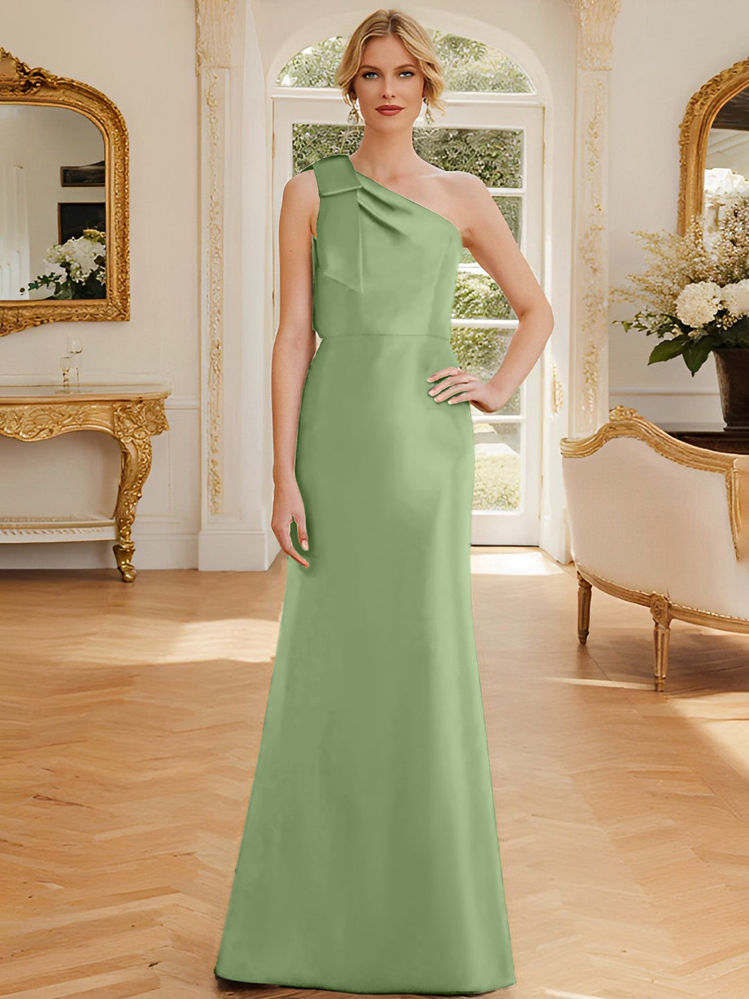Robe de Mère de la Mariée en Satin Sans Manches à Une Épaule et Fourreau/Colonne avec Nœud