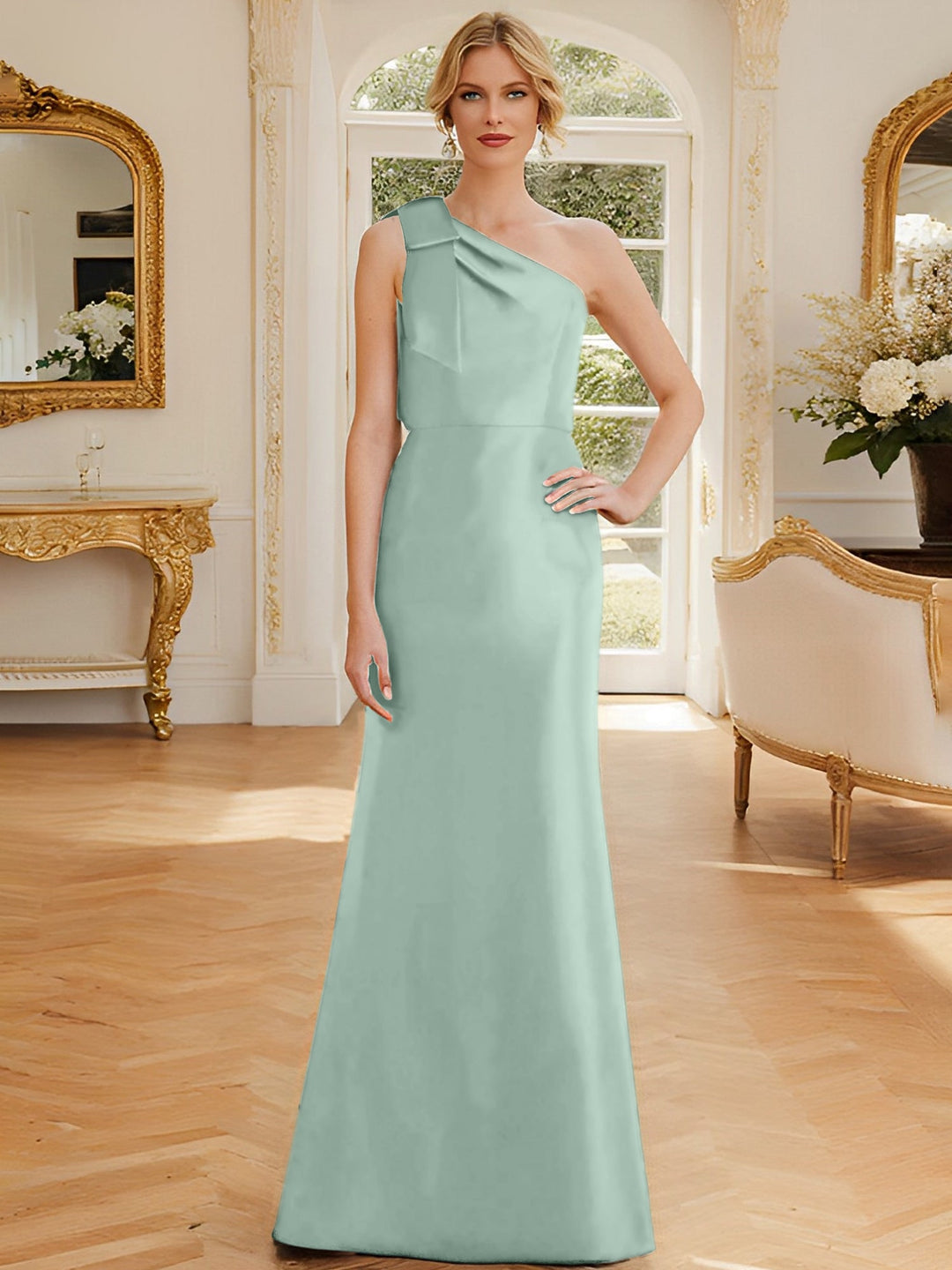 Robe de Mère de la Mariée en Satin Sans Manches à Une Épaule et Fourreau/Colonne avec Nœud
