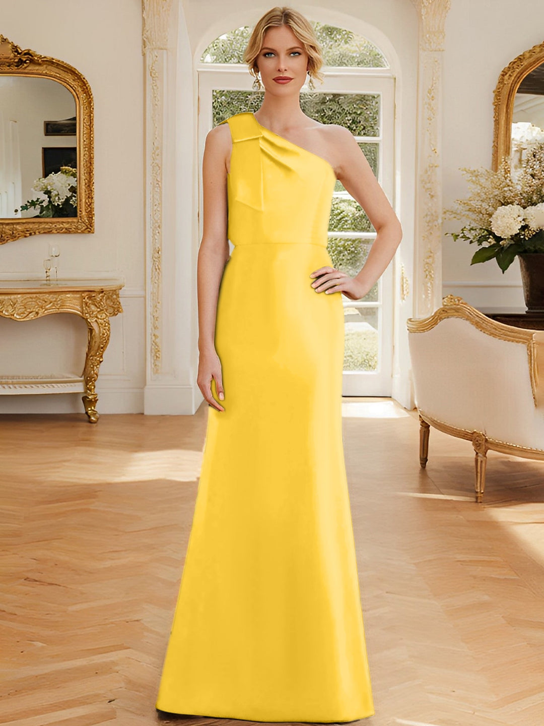 Robe de Mère de la Mariée en Satin Sans Manches à Une Épaule et Fourreau/Colonne avec Nœud