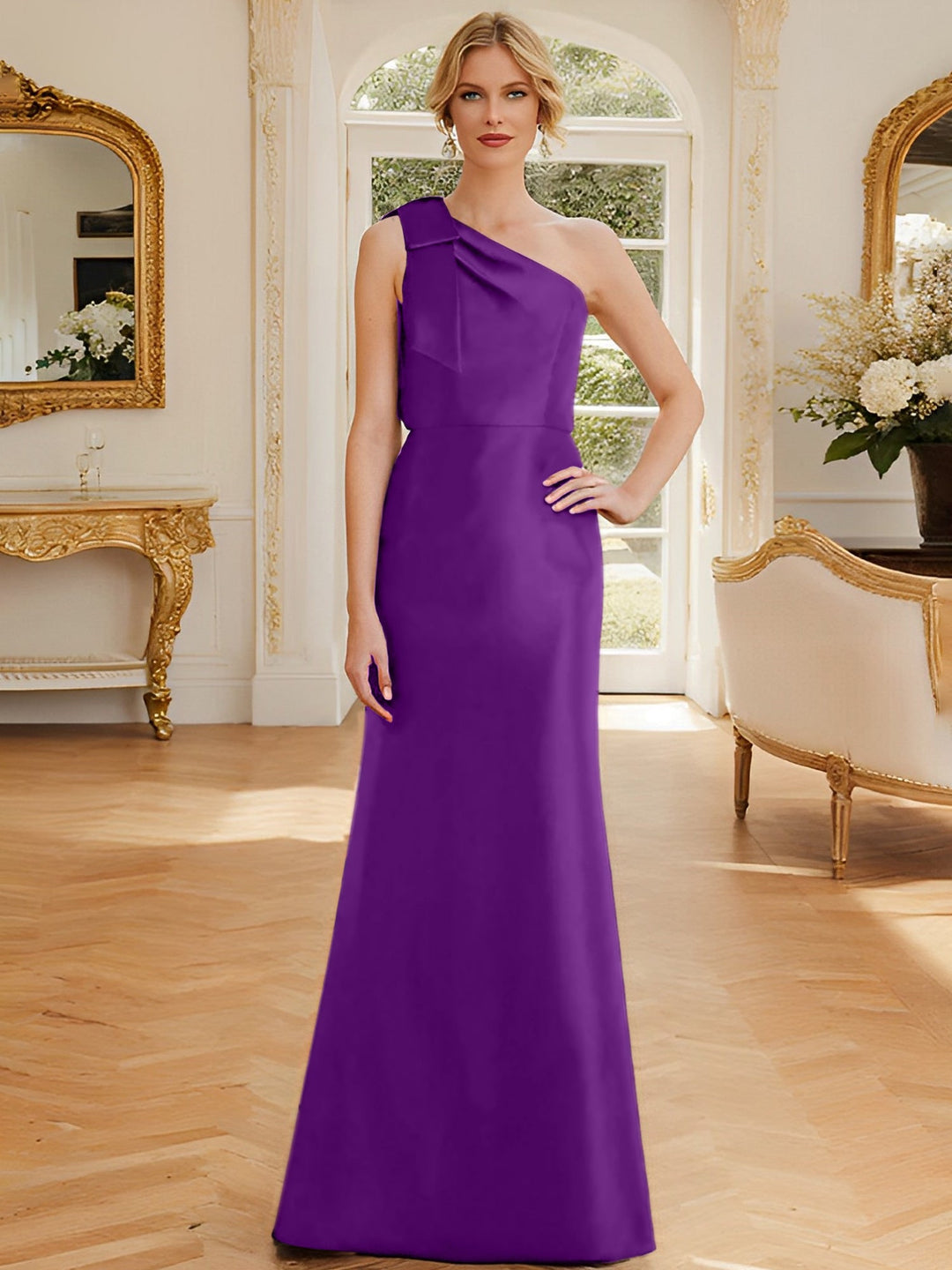 Robe de Mère de la Mariée en Satin Sans Manches à Une Épaule et Fourreau/Colonne avec Nœud
