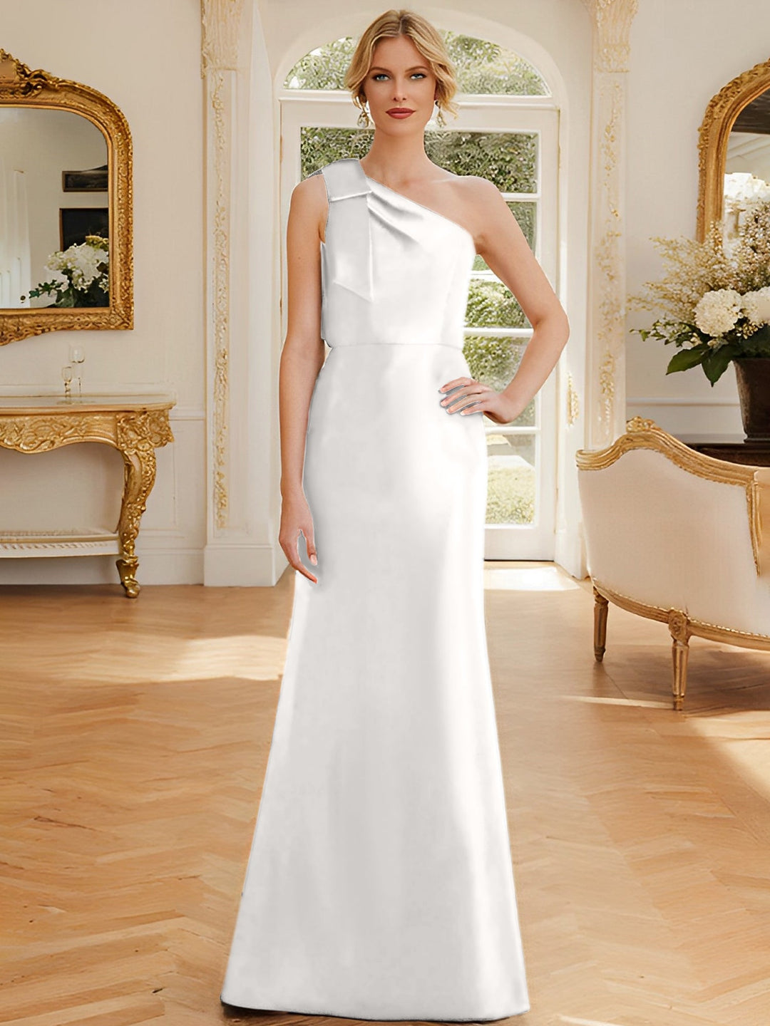 Robe de Mère de la Mariée en Satin Sans Manches à Une Épaule et Fourreau/Colonne avec Nœud