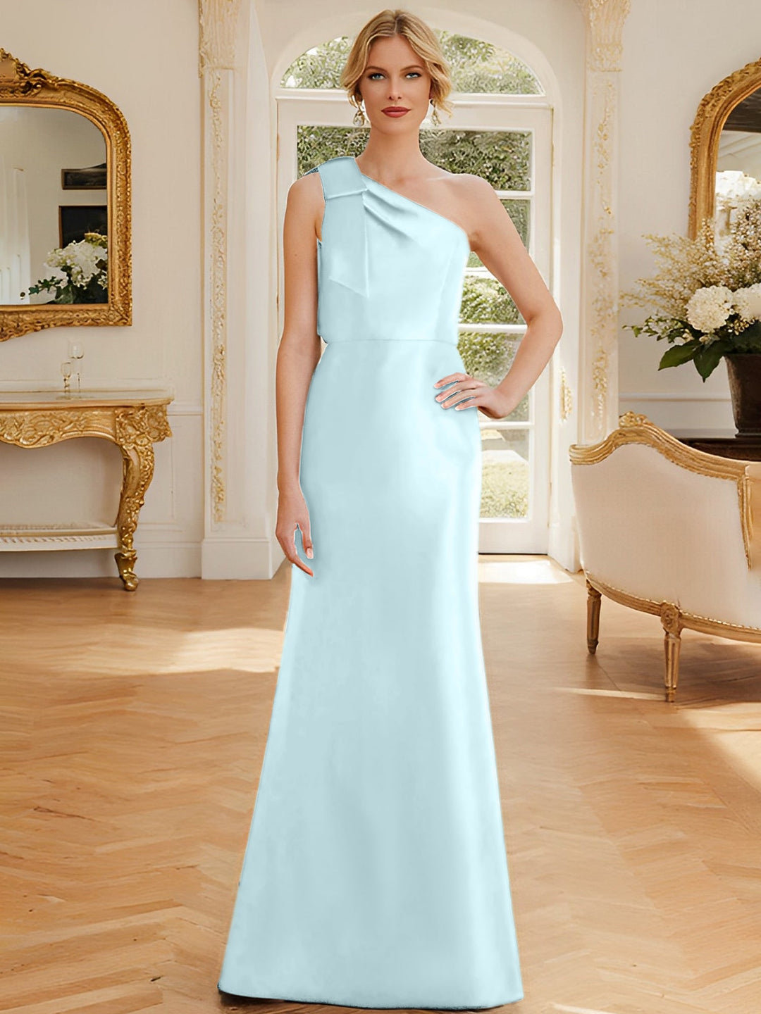 Robe de Mère de la Mariée en Satin Sans Manches à Une Épaule et Fourreau/Colonne avec Nœud