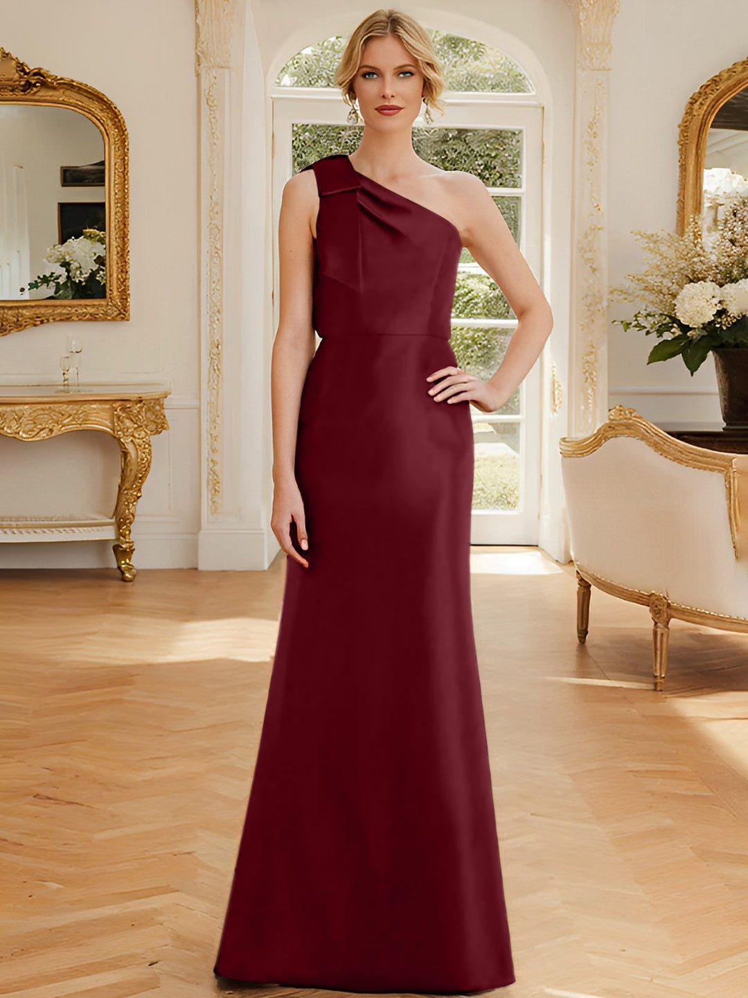 Robe de Mère de la Mariée en Satin Sans Manches à Une Épaule et Fourreau/Colonne avec Nœud
