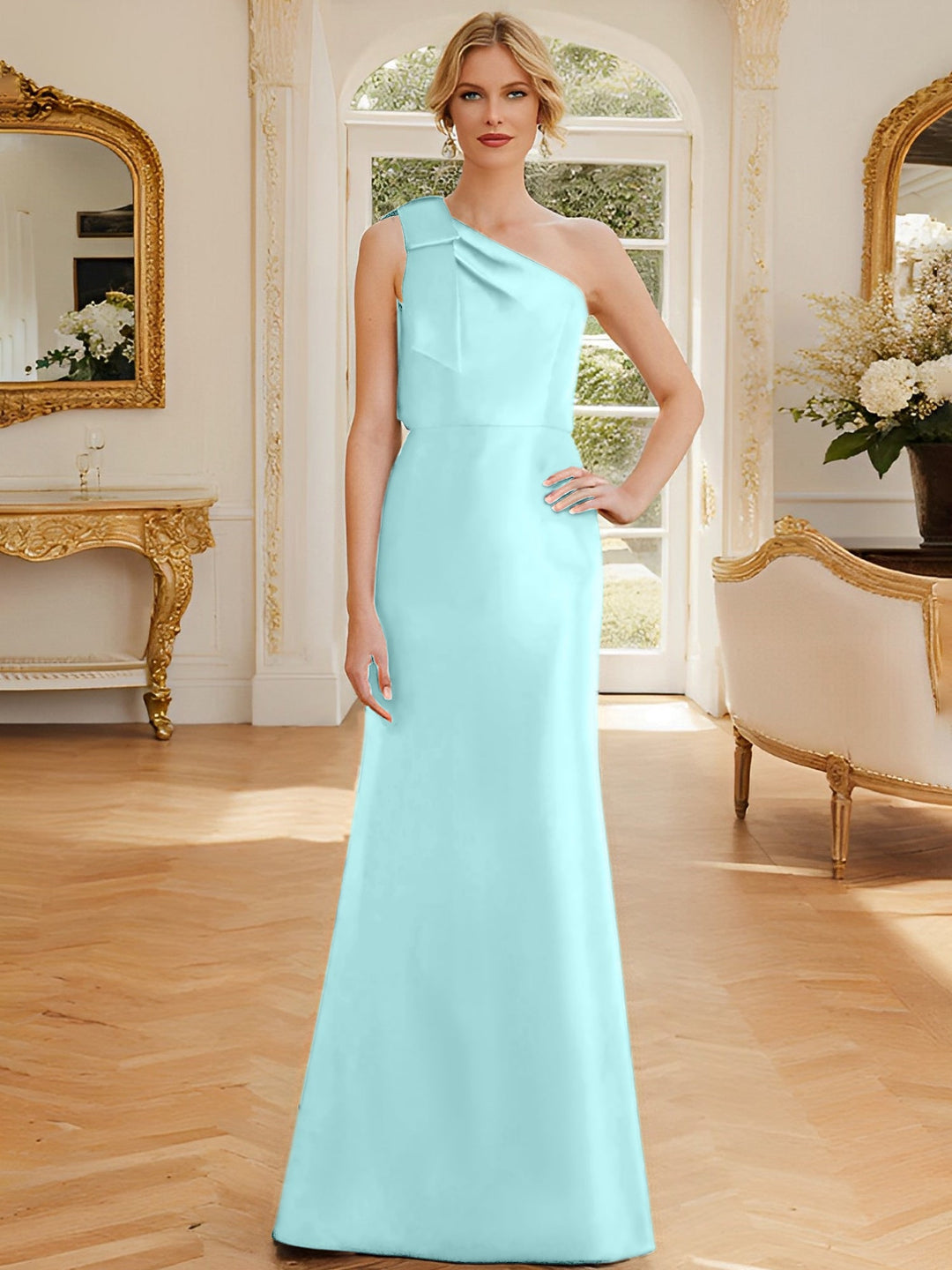 Robe de Mère de la Mariée en Satin Sans Manches à Une Épaule et Fourreau/Colonne avec Nœud