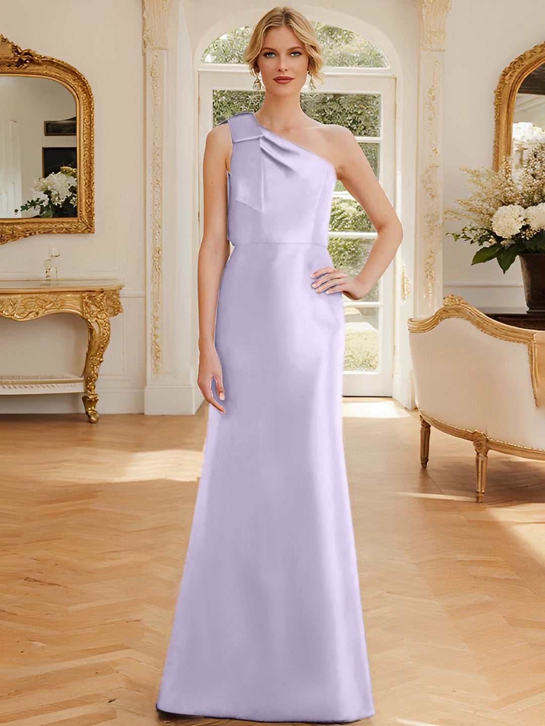 Robe de Mère de la Mariée en Satin Sans Manches à Une Épaule et Fourreau/Colonne avec Nœud