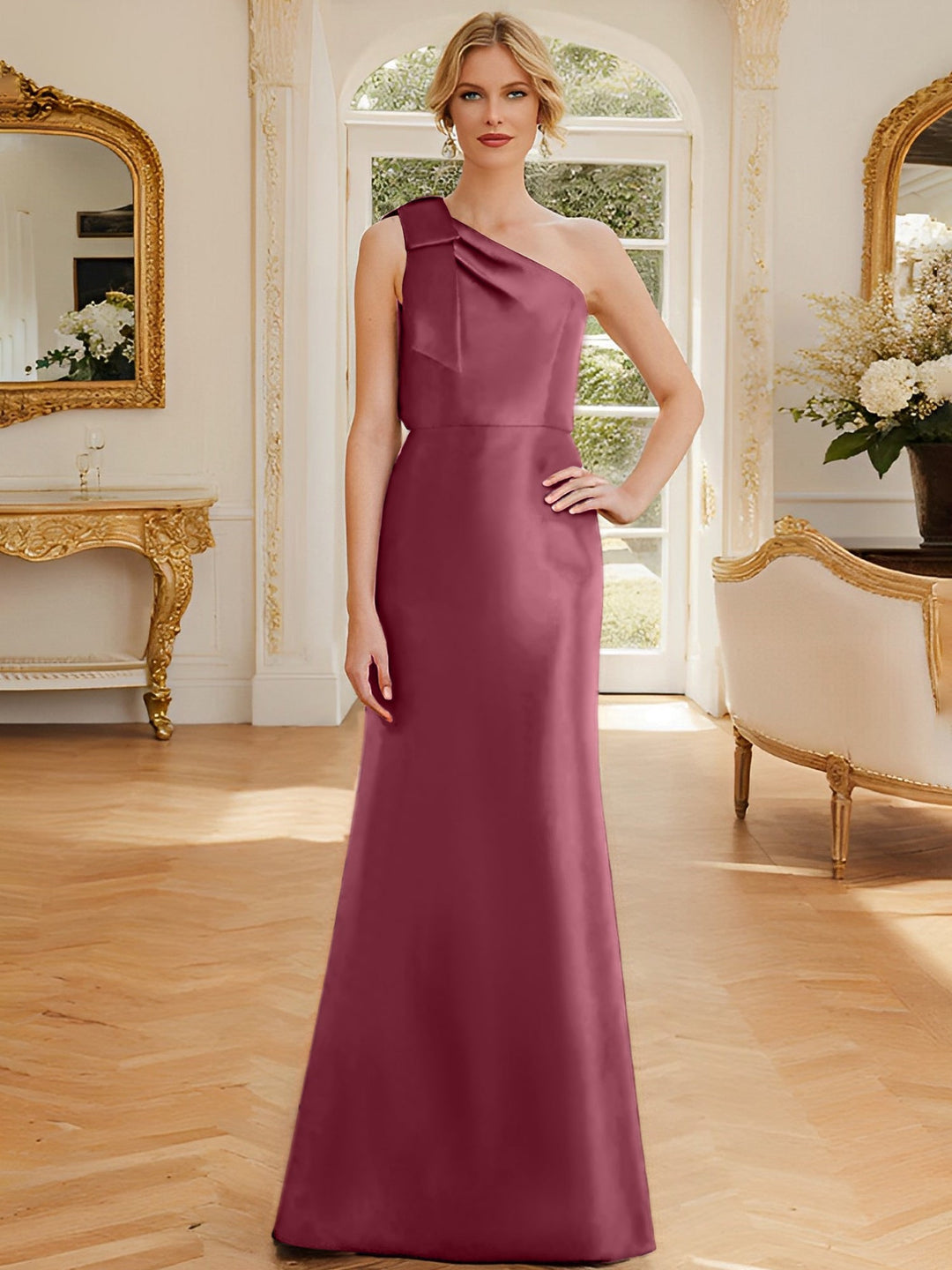 Robe de Mère de la Mariée en Satin Sans Manches à Une Épaule et Fourreau/Colonne avec Nœud