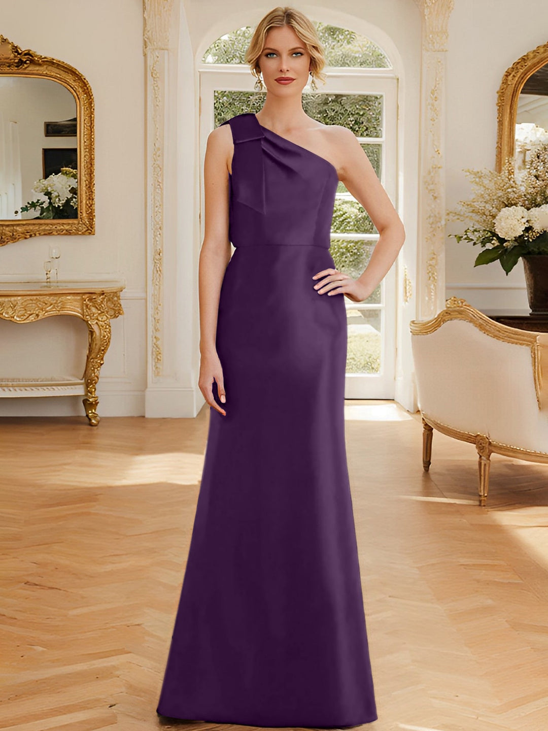 Robe de Mère de la Mariée en Satin Sans Manches à Une Épaule et Fourreau/Colonne avec Nœud