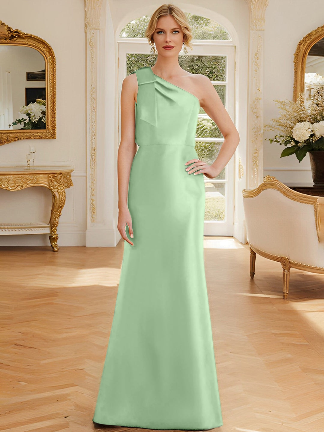 Robe de Mère de la Mariée en Satin Sans Manches à Une Épaule et Fourreau/Colonne avec Nœud
