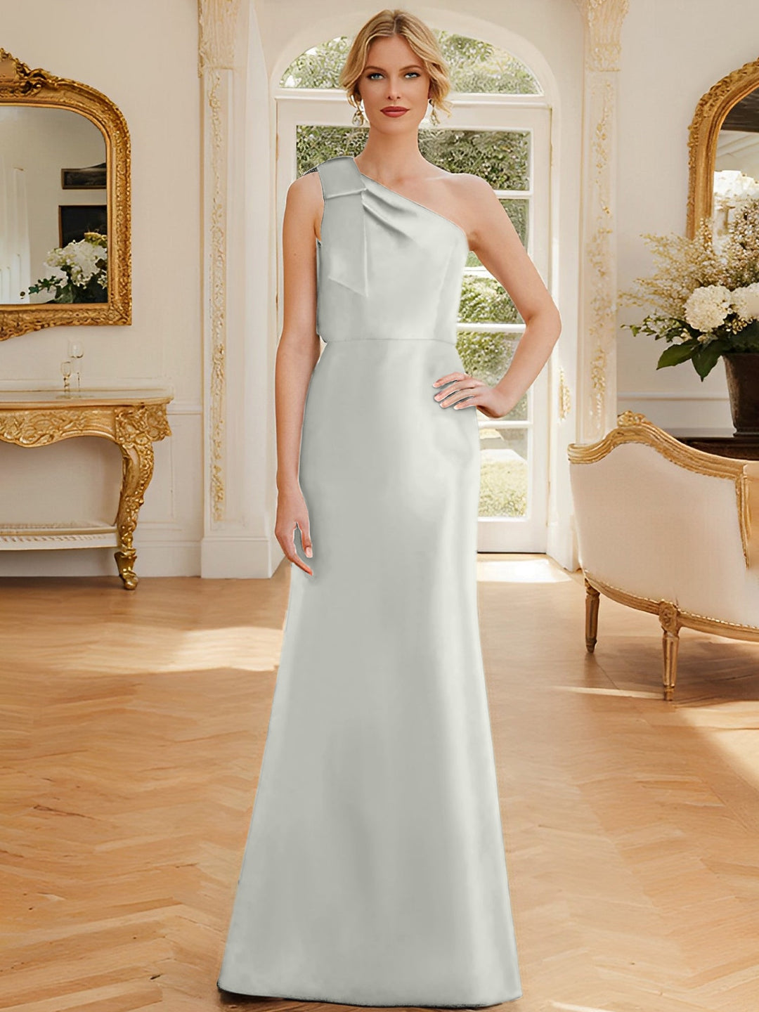 Robe de Mère de la Mariée en Satin Sans Manches à Une Épaule et Fourreau/Colonne avec Nœud