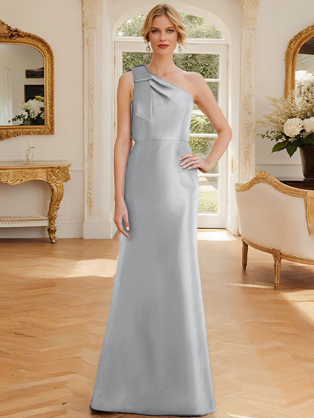 Robe de Mère de la Mariée en Satin Sans Manches à Une Épaule et Fourreau/Colonne avec Nœud