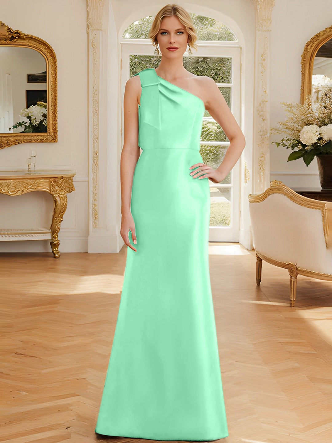 Robe de Mère de la Mariée en Satin Sans Manches à Une Épaule et Fourreau/Colonne avec Nœud