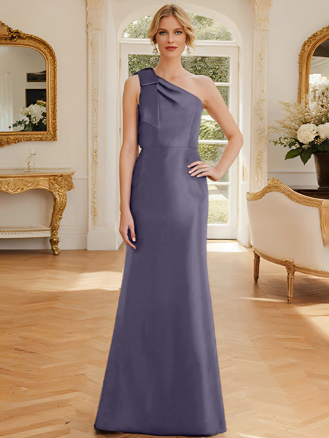 Robe de Mère de la Mariée en Satin Sans Manches à Une Épaule et Fourreau/Colonne avec Nœud