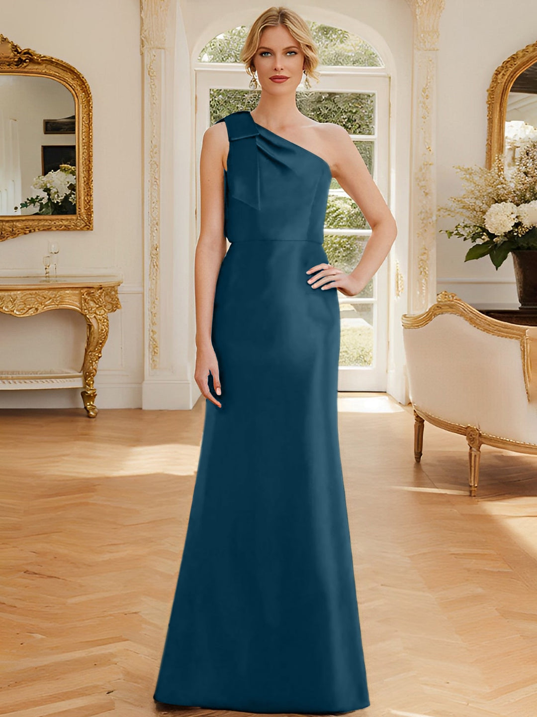 Robe de Mère de la Mariée en Satin Sans Manches à Une Épaule et Fourreau/Colonne avec Nœud