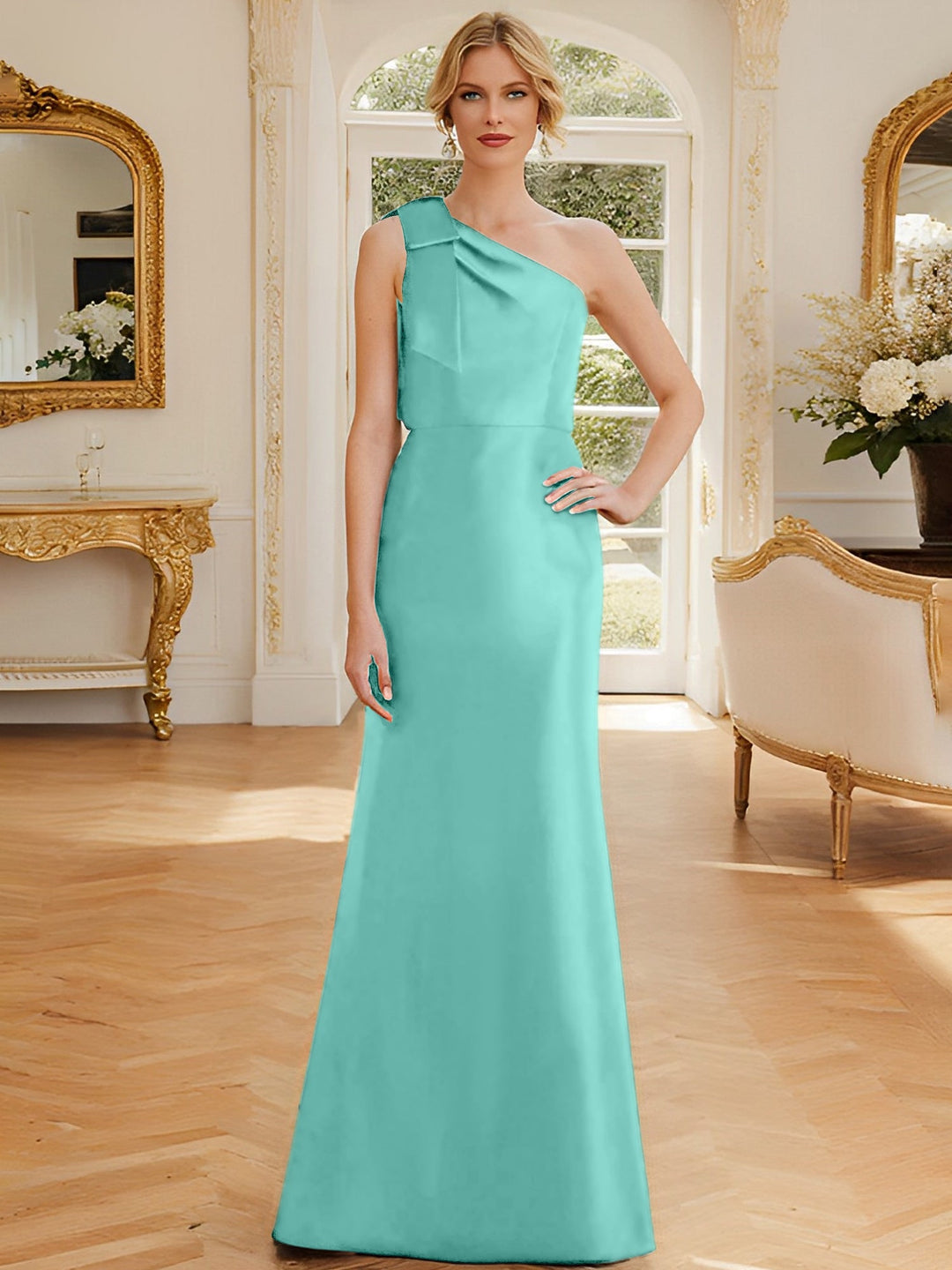 Robe de Mère de la Mariée en Satin Sans Manches à Une Épaule et Fourreau/Colonne avec Nœud
