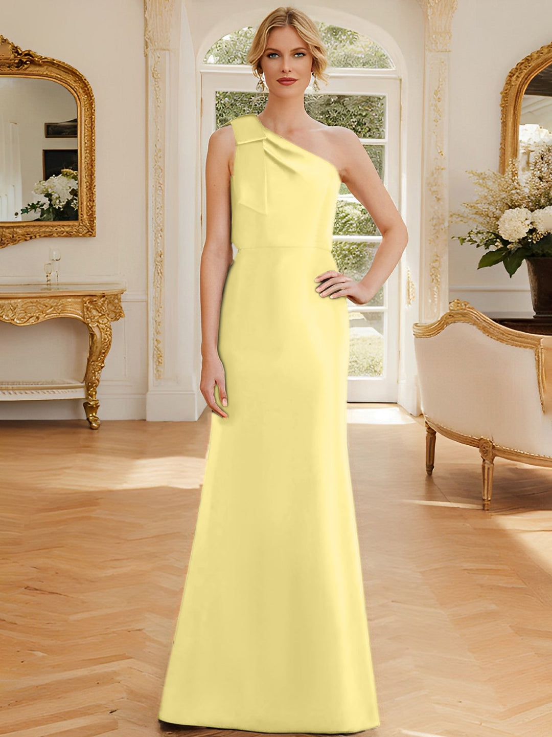 Robe de Mère de la Mariée en Satin Sans Manches à Une Épaule et Fourreau/Colonne avec Nœud