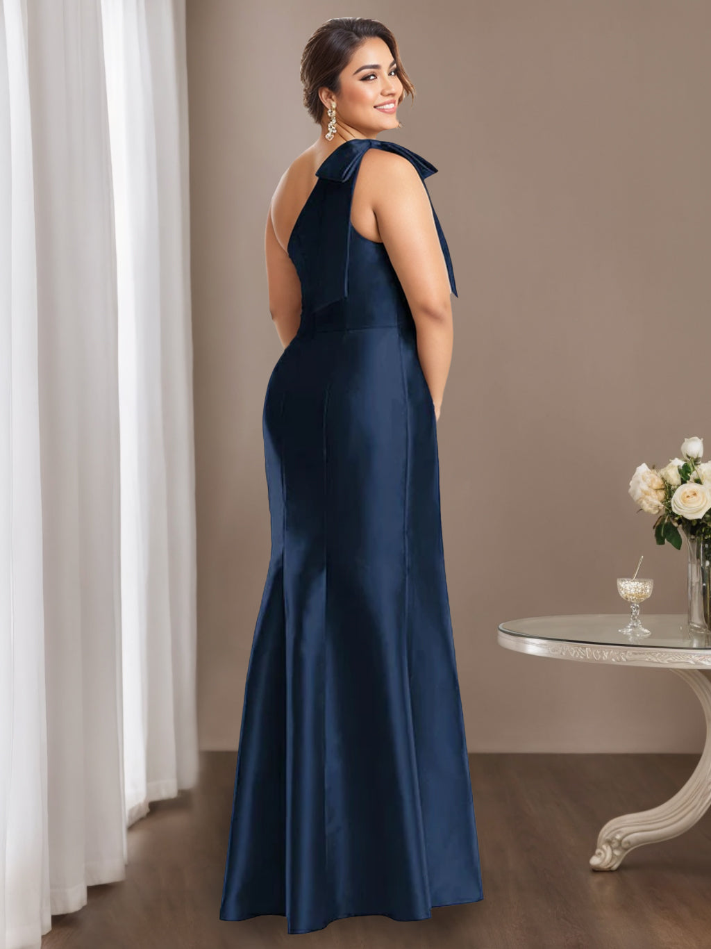 Robe de Mère de la Mariée Grande Taille en Satin Sans Manches à Une Épaule et Fourreau/Colonne avec Nœud