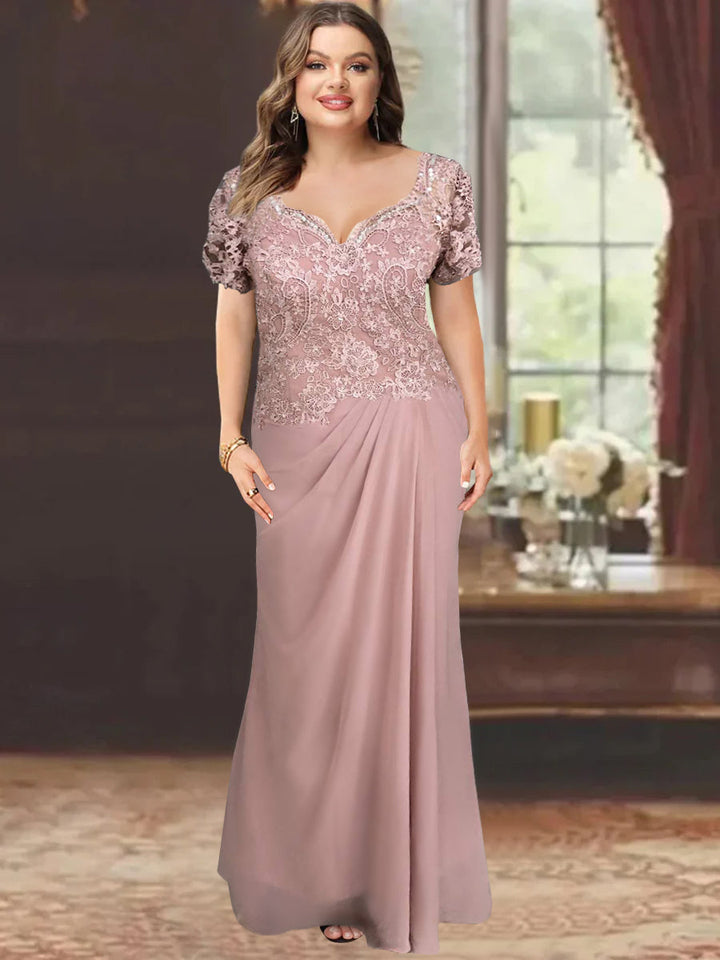 Robe de Mère de la Mariée Fourreau/Colonne à Manches Courtes et Longueur Au Sol avec Appliques en Dentelle