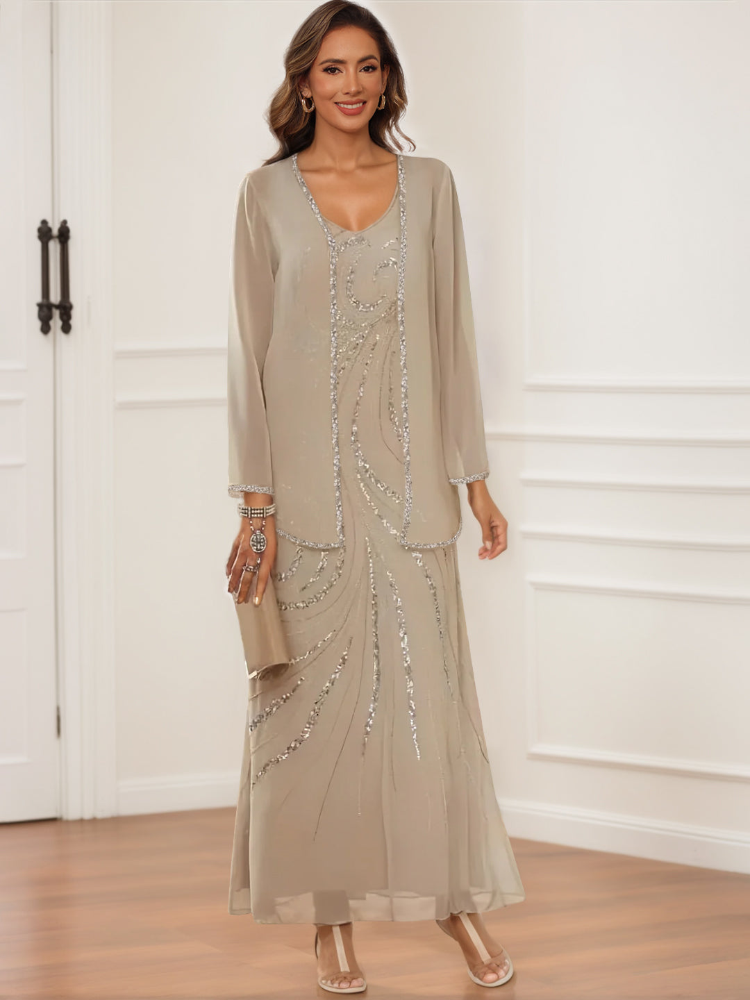 Robes de Mère de la Mariée et Du Marié à Col en V, Longueur Cheville, avec Veste et Paillettes