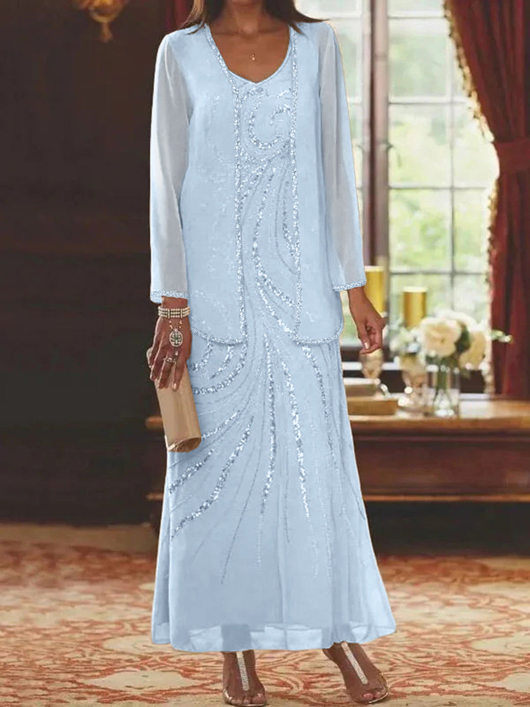 Robe de Mère de la Mariée Fourreau/Colonne à Col en V et Longueur Cheville avec Veste et Paillettes