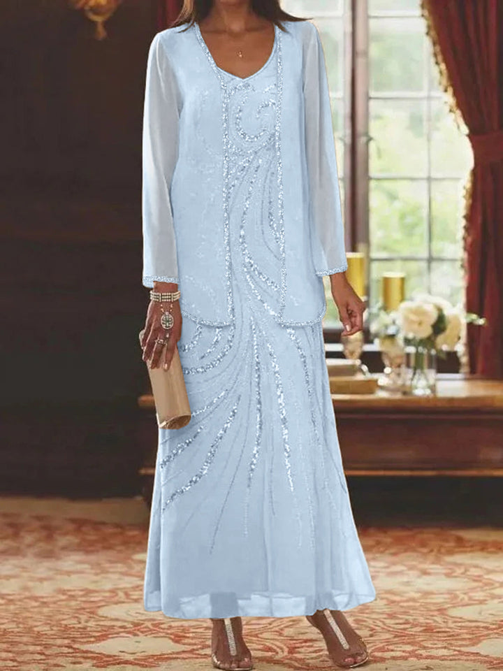 Robe de Mère de la Mariée Fourreau/Colonne à Col en V et Longueur Cheville avec Veste et Paillettes