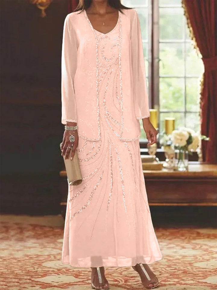 Robe de Mère de la Mariée Fourreau/Colonne à Col en V et Longueur Cheville avec Veste et Paillettes