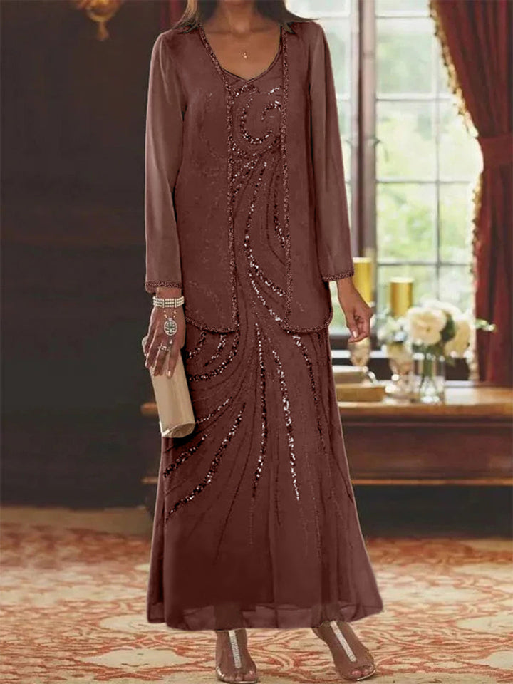 Robe de Mère de la Mariée Fourreau/Colonne à Col en V et Longueur Cheville avec Veste et Paillettes
