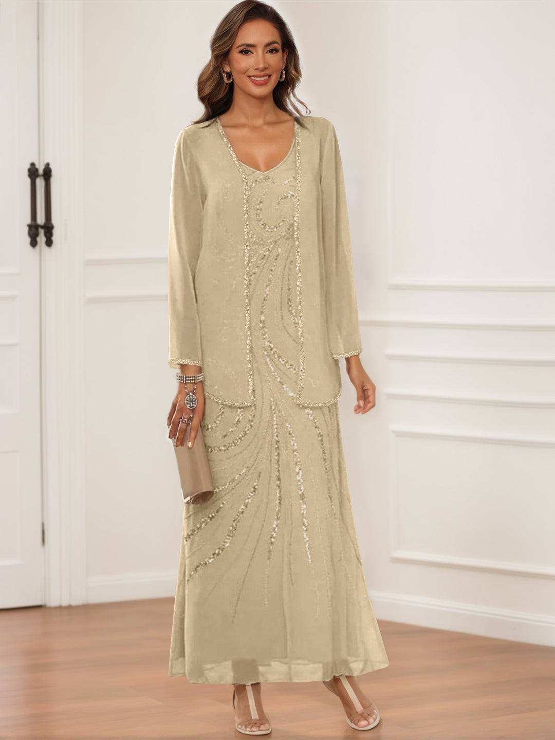 Robes de Mère de la Mariée et Du Marié à Col en V, Longueur Cheville, avec Veste et Paillettes