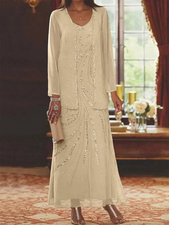 Robe de Mère de la Mariée Fourreau/Colonne à Col en V et Longueur Cheville avec Veste et Paillettes