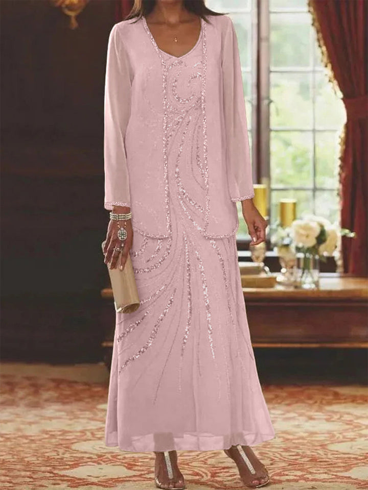 Robe de Mère de la Mariée Fourreau/Colonne à Col en V et Longueur Cheville avec Veste et Paillettes