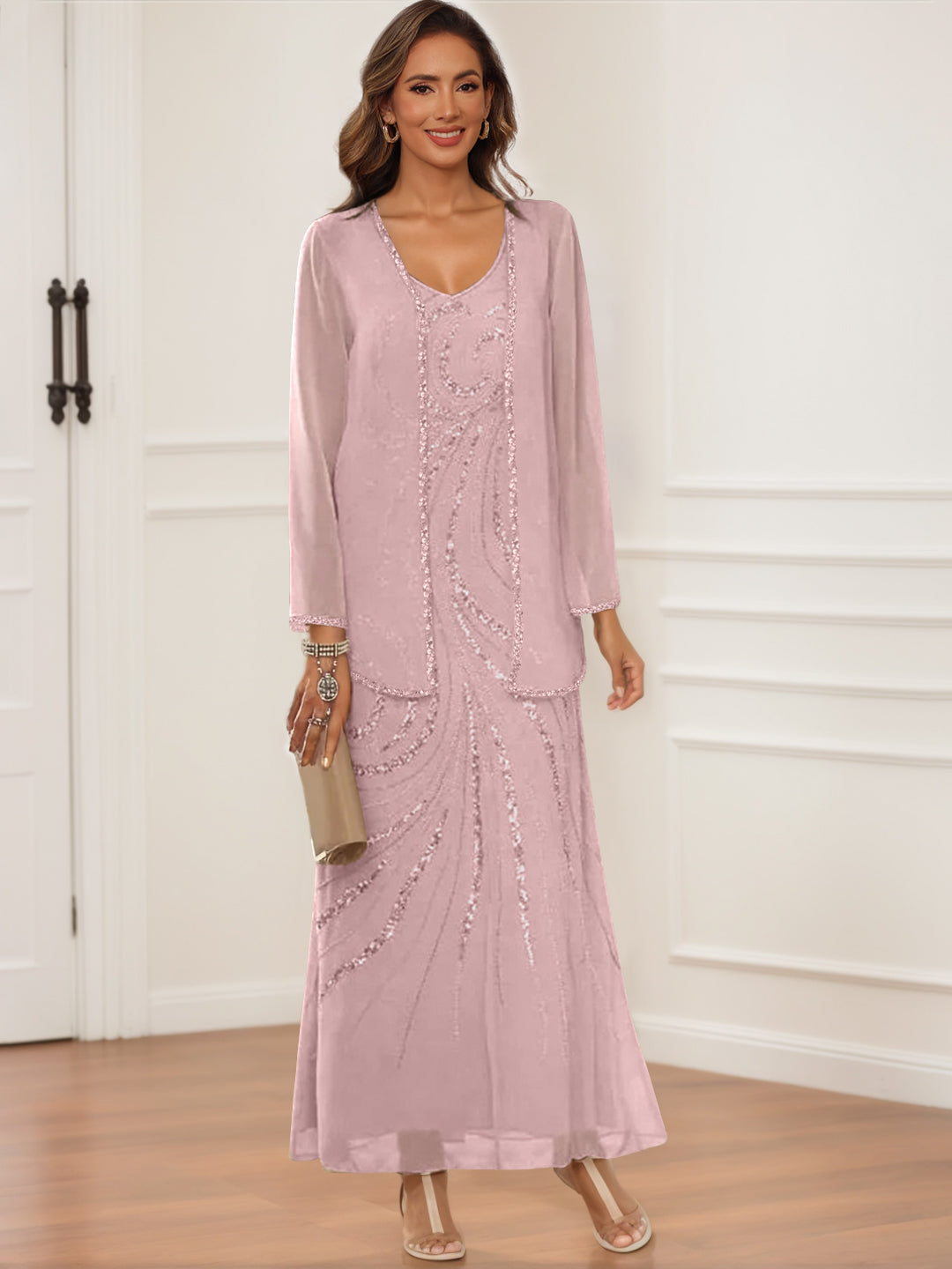 Robes de Mère de la Mariée et Du Marié à Col en V, Longueur Cheville, avec Veste et Paillettes