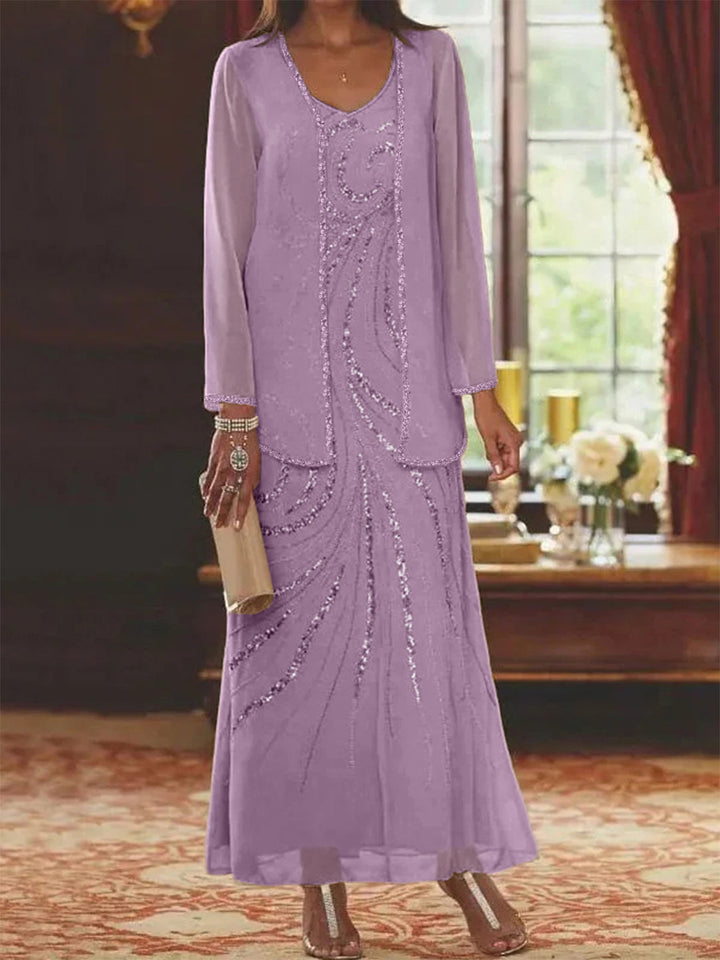 Robe de Mère de la Mariée Fourreau/Colonne à Col en V et Longueur Cheville avec Veste et Paillettes
