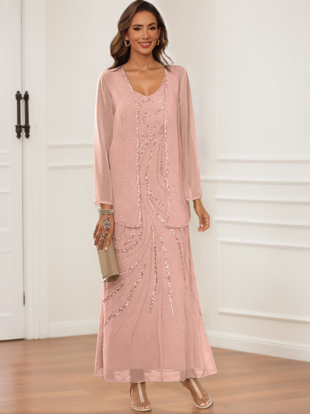 Robes de Mère de la Mariée et Du Marié à Col en V, Longueur Cheville, avec Veste et Paillettes