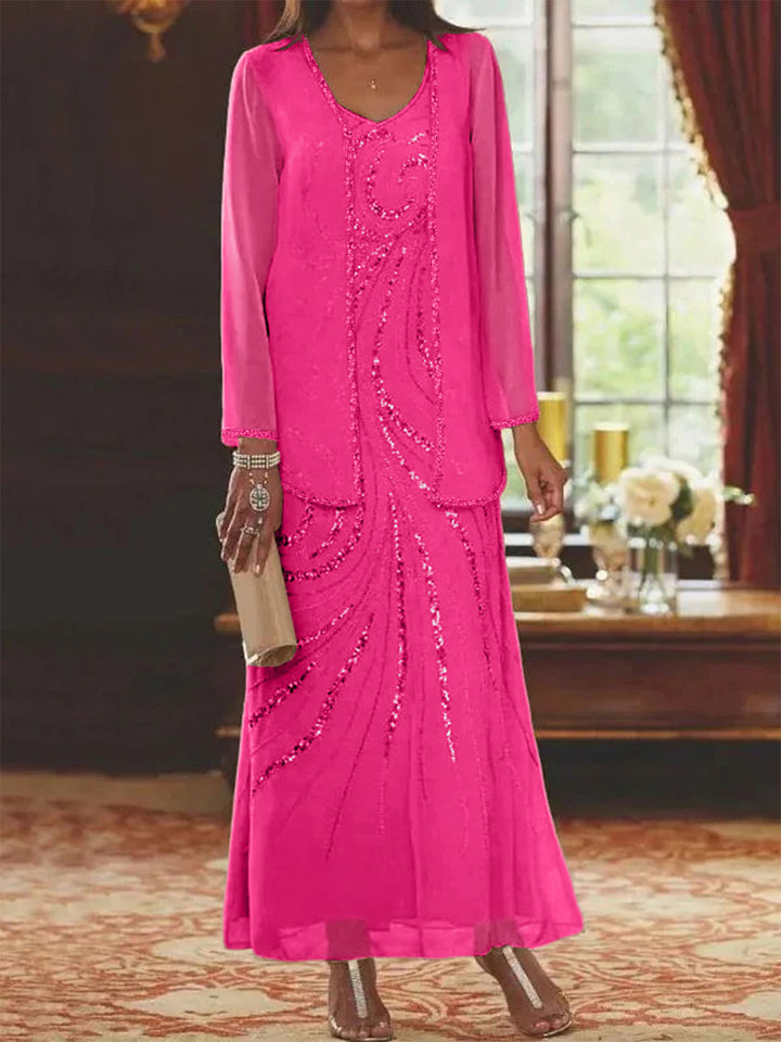 Robe de Mère de la Mariée Fourreau/Colonne à Col en V et Longueur Cheville avec Veste et Paillettes
