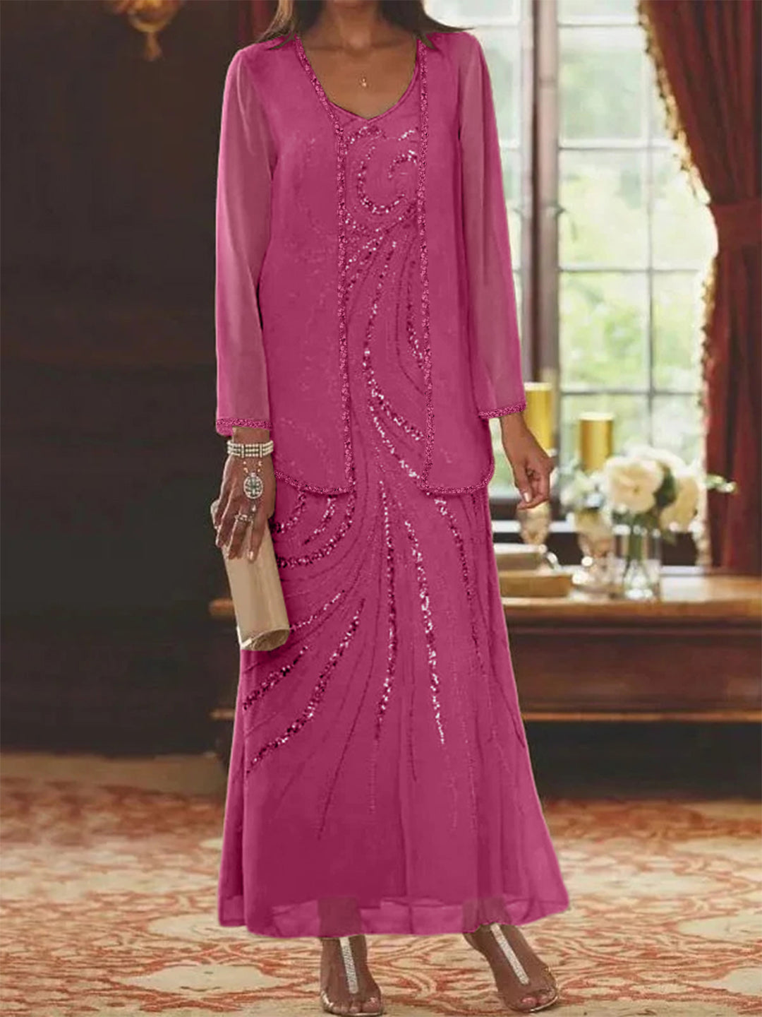 Robe de Mère de la Mariée Fourreau/Colonne à Col en V et Longueur Cheville avec Veste et Paillettes