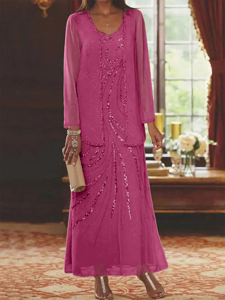 Robe de Mère de la Mariée Fourreau/Colonne à Col en V et Longueur Cheville avec Veste et Paillettes
