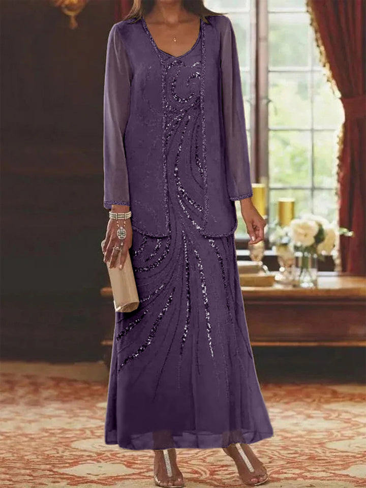 Robe de Mère de la Mariée Fourreau/Colonne à Col en V et Longueur Cheville avec Veste et Paillettes