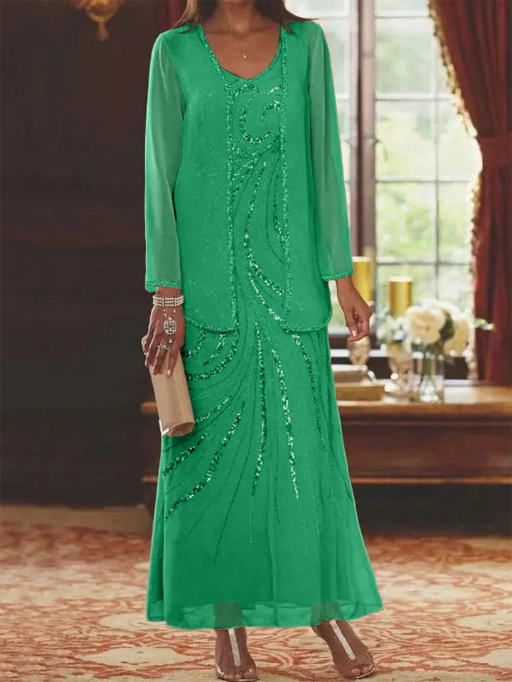 Robe de Mère de la Mariée Fourreau/Colonne à Col en V et Longueur Cheville avec Veste et Paillettes