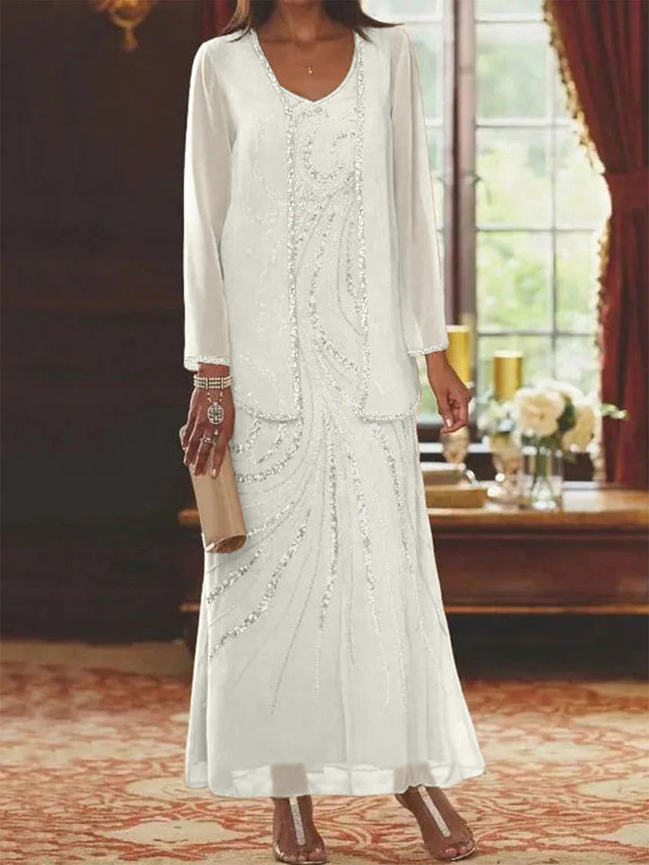 Robe de Mère de la Mariée Fourreau/Colonne à Col en V et Longueur Cheville avec Veste et Paillettes