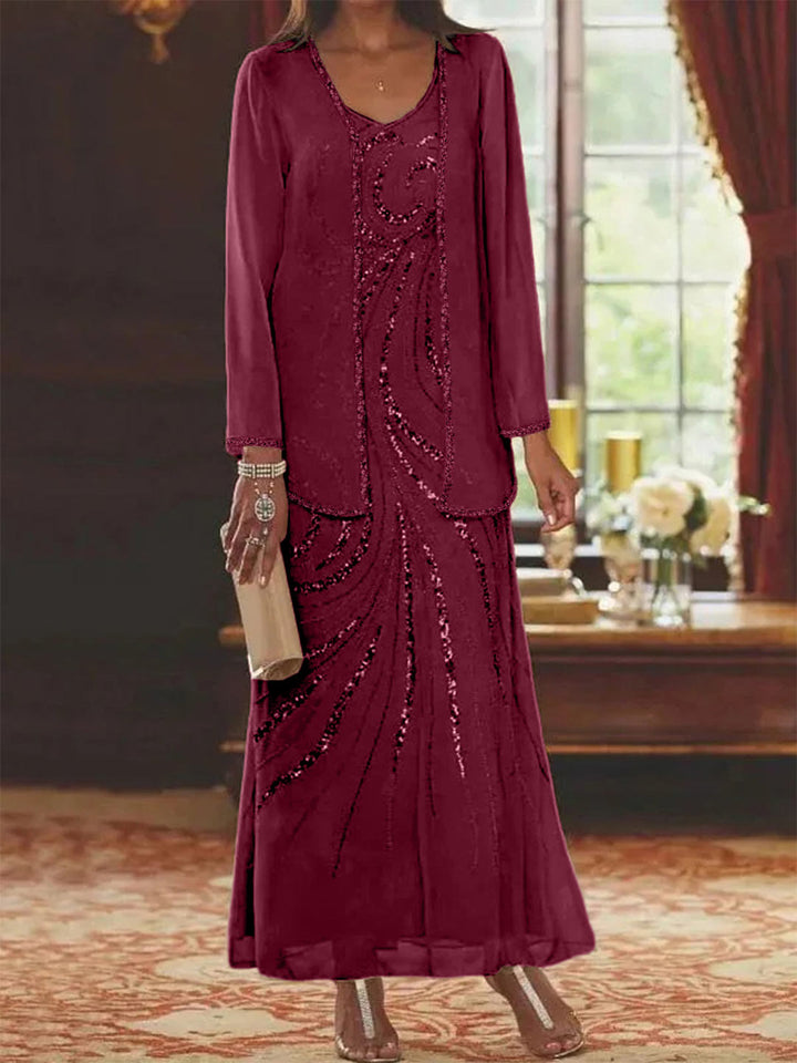 Robe de Mère de la Mariée Fourreau/Colonne à Col en V et Longueur Cheville avec Veste et Paillettes