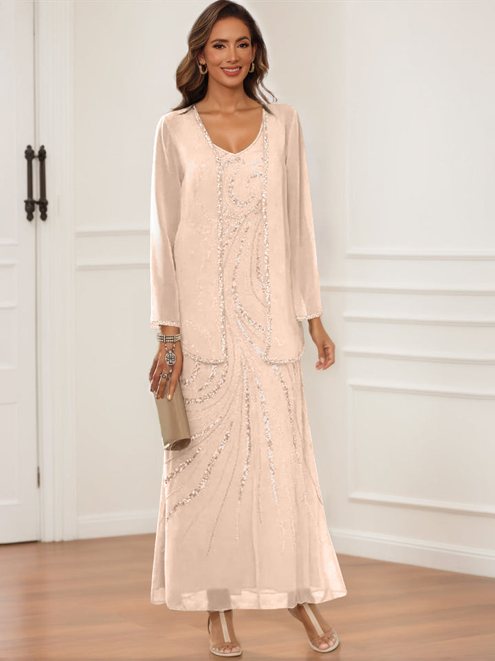 Robes de Mère de la Mariée et Du Marié à Col en V, Longueur Cheville, avec Veste et Paillettes