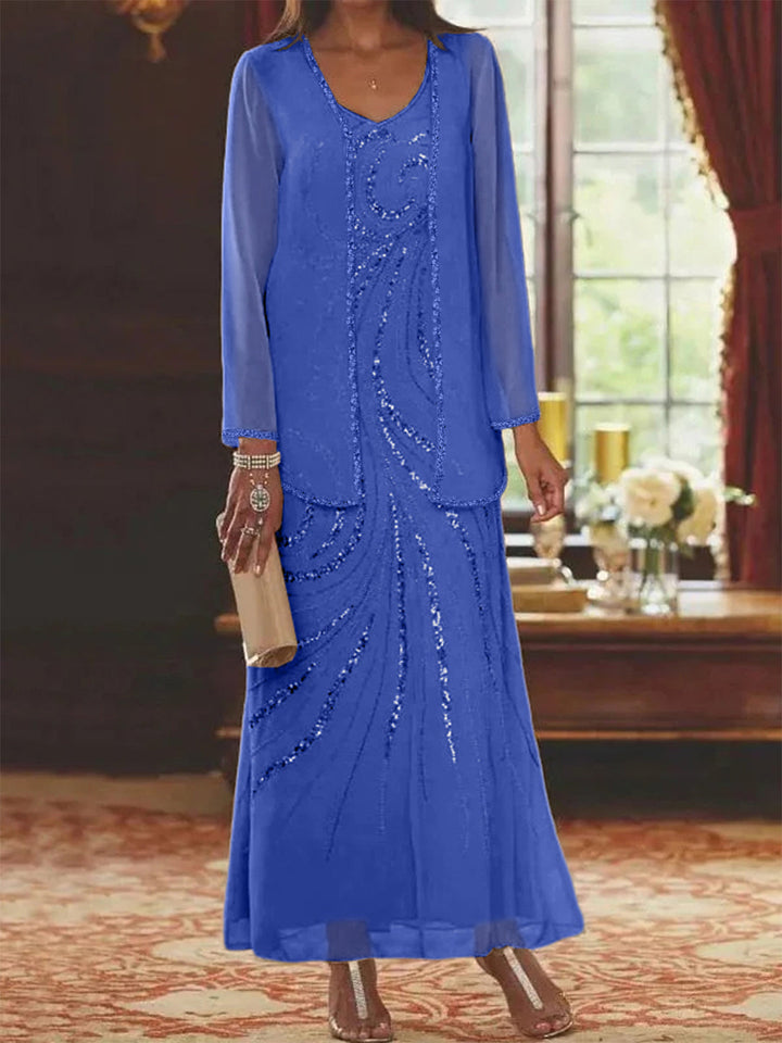 Robe de Mère de la Mariée Fourreau/Colonne à Col en V et Longueur Cheville avec Veste et Paillettes