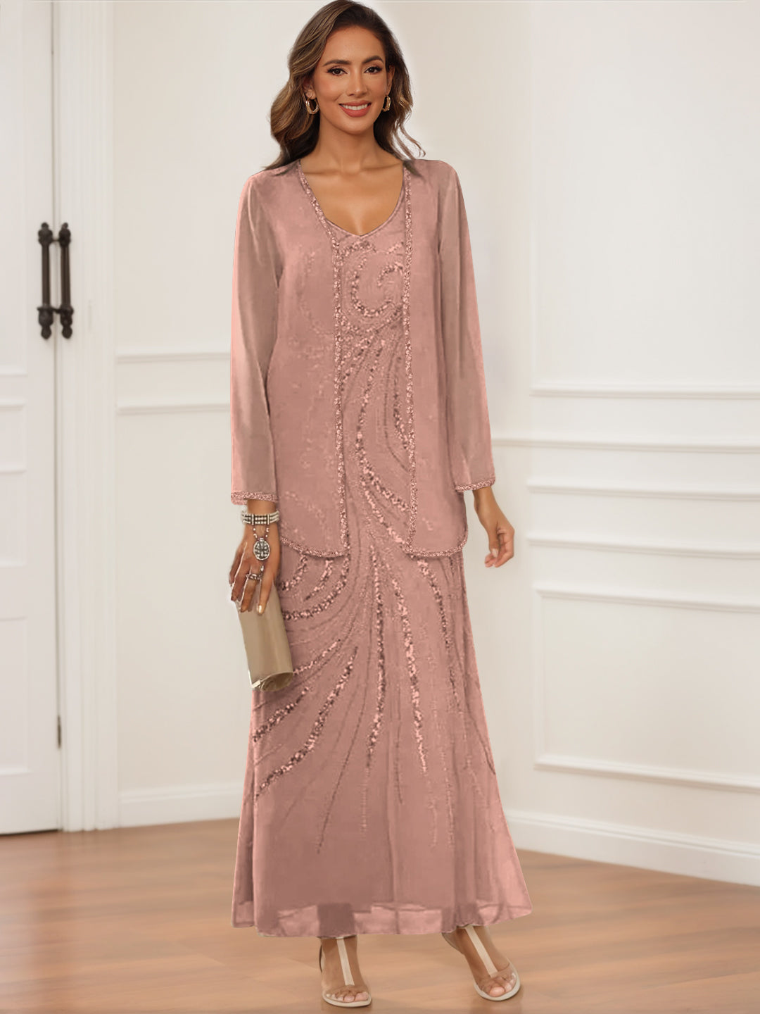 Robes de Mère de la Mariée et Du Marié à Col en V, Longueur Cheville, avec Veste et Paillettes