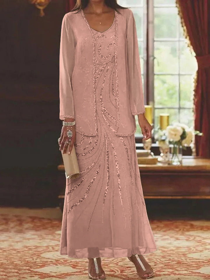 Robe de Mère de la Mariée Fourreau/Colonne à Col en V et Longueur Cheville avec Veste et Paillettes
