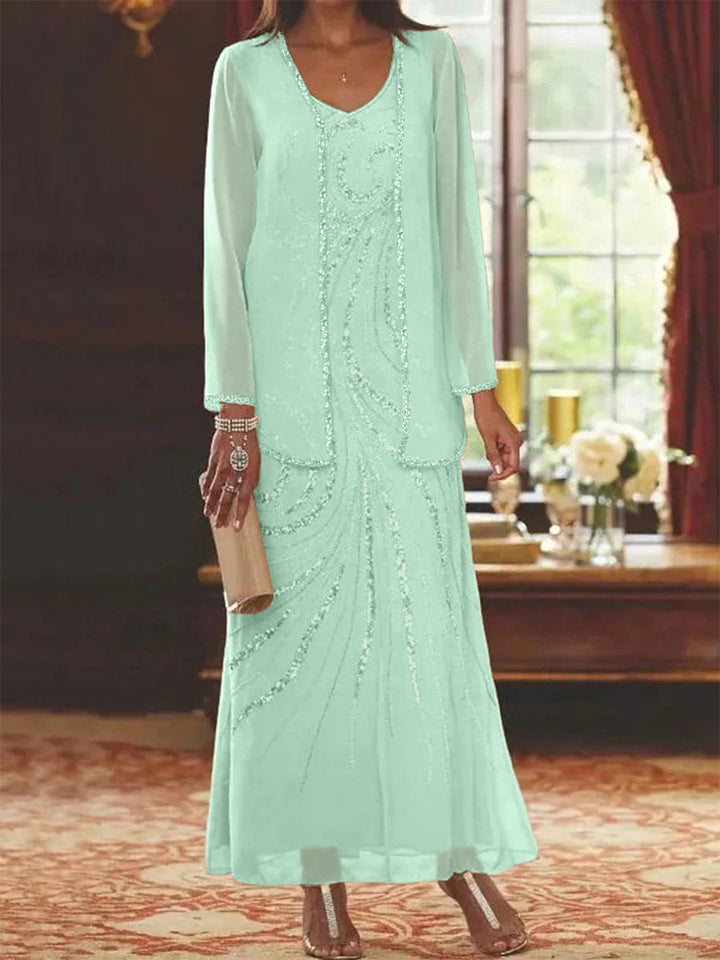 Robe de Mère de la Mariée Fourreau/Colonne à Col en V et Longueur Cheville avec Veste et Paillettes