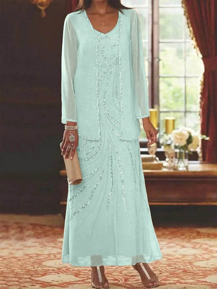 Robe de Mère de la Mariée Fourreau/Colonne à Col en V et Longueur Cheville avec Veste et Paillettes