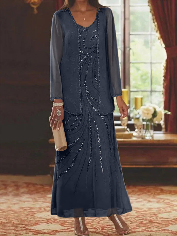 Robe de Mère de la Mariée Fourreau/Colonne à Col en V et Longueur Cheville avec Veste et Paillettes
