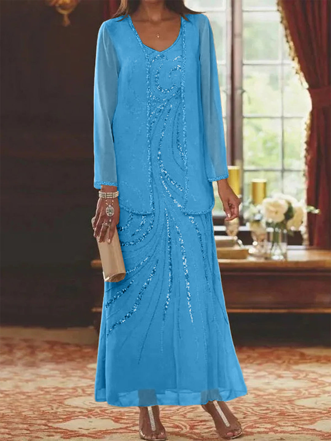 Robe de Mère de la Mariée Fourreau/Colonne à Col en V et Longueur Cheville avec Veste et Paillettes